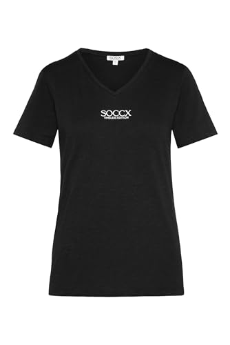 SOCCX Damen Basic T-Shirt mit V-Ausschnitt und Logo Black L von SOCCX