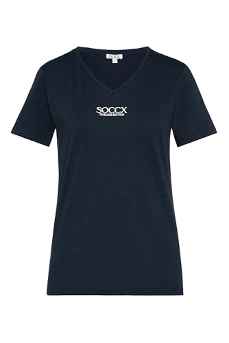 SOCCX Damen Basic T-Shirt mit V-Ausschnitt und Logo Blue Navy L von SOCCX