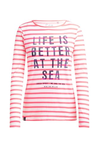 SOCCX Damen Gestreiftes Longsleeve mit U-Boot-Ausschnitt und Print Neon Pink, XL von SOCCX