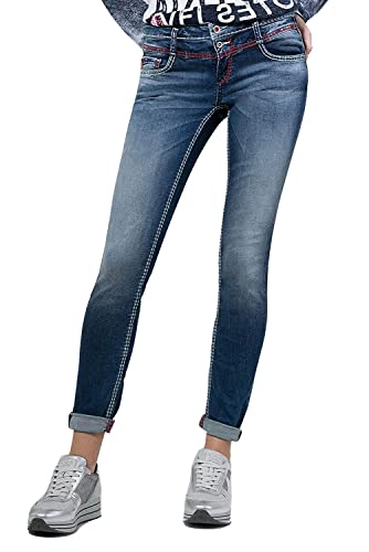 SOCCX Damen Jeans KA:RA mit Used-Waschung und farbigen Nähten Dark Blue Vintage 26 32 von SOCCX