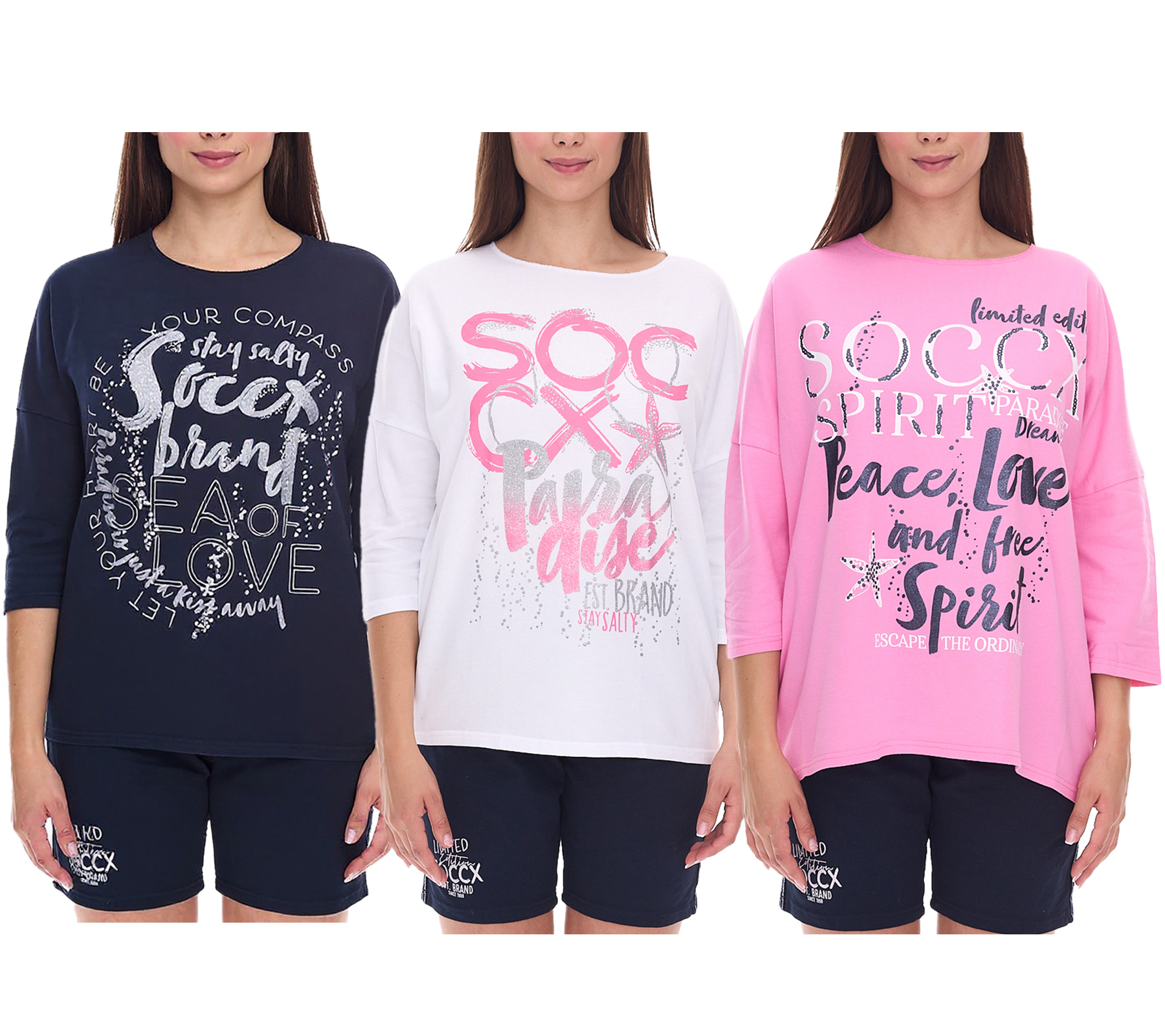 SOCCX Damen Oversized Sweatshirt mit Rundhals-Ausschnitt Alltags-Pulli in Blau, Weiß oder Rosa von SOCCX
