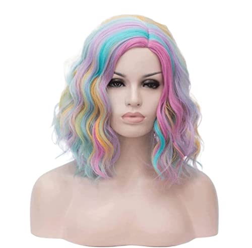 Perücken Herren Perücke Damen Frauen Perücken Gewellte Lockige Perücken Bob Synthetische Perücke Party Rainbow Color Mixing Perücken Cosplay Perücke Täglich (Color : D, Size : 15in) von SOCUY