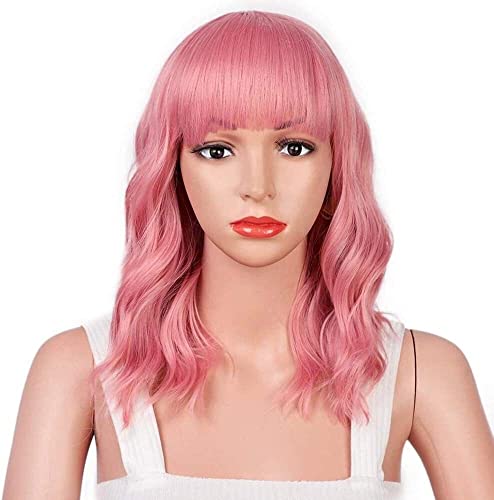 Perücken Herren Perücke Damen Rosa, Kurze, Lockige, Gewellte Bob-Perücken Mit Air Bangs, Pastellfarbener, Schulterlanger Haarperücke Perücke Täglich von SOCUY