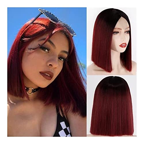 Perücken Herren Perücke Damen Rote Bob-Perücke Rote Highlight-Bob-Perücke Schwarze Bis Rote Synthetik-Perücke Mit Kurzem Glattem Haar Perücke Täglich von SOCUY