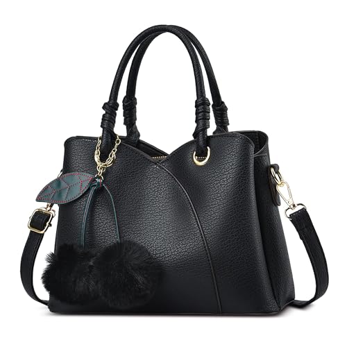 SODOLLEE Damen Handtasche Elegant Henkeltaschen Pompon Umhängetasche PU Leder Mehrere Taschen Schultertasche für Reisen Arbeiten Shopper Nero von SODOLLEE