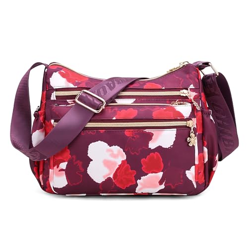 SODOLLEE Damen Umhängetasche Lässig Schultertasche mit Schönes Muster Mehrere Taschen Frauen Crossbody Bag Wasserdicht Nylon Messenger Bag für Reisen Einkaufen Täglicher Gebrauch Blume A von SODOLLEE