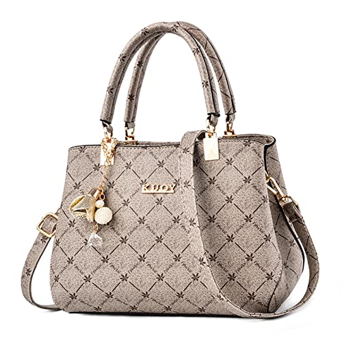 SODOLLEE Handtasche Damen Elegant Henkeltasche mit Exquisiter Anhänger PU Leder Frauen Umhängetasche Ahornblatt Schultertasche für Reisen Shopper Arbeiten Grau Griff von SODOLLEE