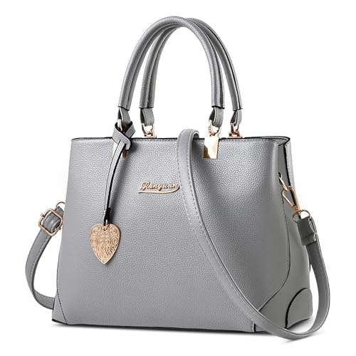 SODOLLEE Handtasche Damen Elegant Henkeltaschen Frauen Umhängetasche mit Herzanhänger PU Leder Mehrere Taschen Schultertasche für Reisen Shopper Arbeiten Grau von SODOLLEE