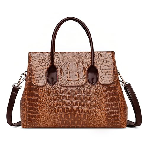 SODOLLEE Handtasche Damen Elegant Krokodil Muster Henkeltaschen Frauen Umhängetasche PU Leder Groß Schultertasche für Reisen Arbeiten Shopper Braun von SODOLLEE