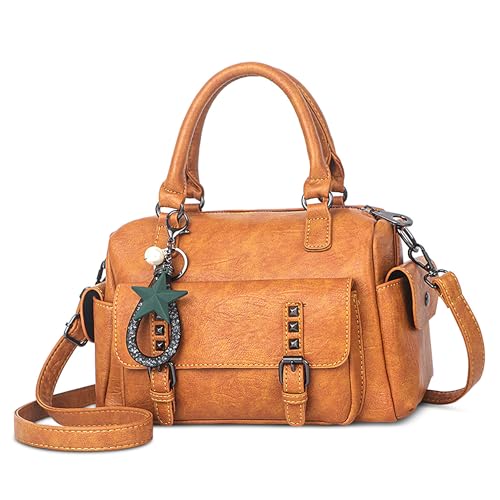 SODOLLEE Handtasche Damen Henkeltaschen mit Exquisiter Anhänger Retro Umhängetasche PU Leder Schultertasche für Arbeiten Reisen Shopper Gelb von SODOLLEE