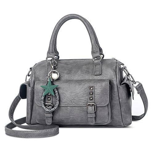 SODOLLEE Handtasche Damen Henkeltaschen mit Exquisiter Anhänger Retro Umhängetasche PU Leder Schultertasche für Arbeiten Reisen Shopper Grau von SODOLLEE