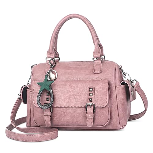 SODOLLEE Handtasche Damen Henkeltaschen mit Exquisiter Anhänger Retro Umhängetasche PU Leder Schultertasche für Arbeiten Reisen Shopper Rosa von SODOLLEE