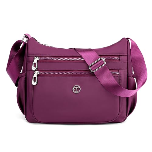 SODOLLEE Umhängetasche Damen Lässig Schultertasche Leichtgewicht Frauen Crossbody Bag Mehrere Taschen Nylon Messenger Bag für Reisen Einkaufen Täglicher Gebrauch Lila E-3AY Purple von SODOLLEE