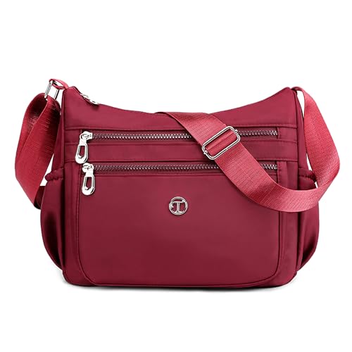 SODOLLEE Umhängetasche Damen Lässig Schultertasche Leichtgewicht Frauen Crossbody Bag Mehrere Taschen Nylon Messenger Bag für Reisen Einkaufen Täglicher Gebrauch Rot A von SODOLLEE