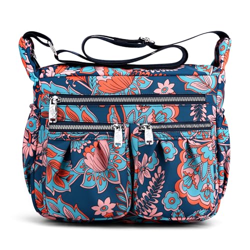 SODOLLEE Umhängetasche Damen Modedruck Schultertaschen Leichtgewicht Frauen Crossbody Bag Mehrere Taschen Nylon Messenger Bag für Einkaufen Reisen Freizeit Blume A von SODOLLEE