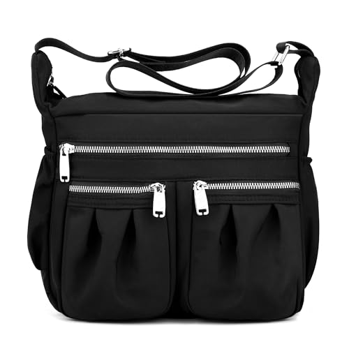 SODOLLEE Umhängetasche Damen Modedruck Schultertaschen Leichtgewicht Frauen Crossbody Bag Mehrere Taschen Nylon Messenger Bag für Einkaufen Reisen Freizeit Schwarz von SODOLLEE