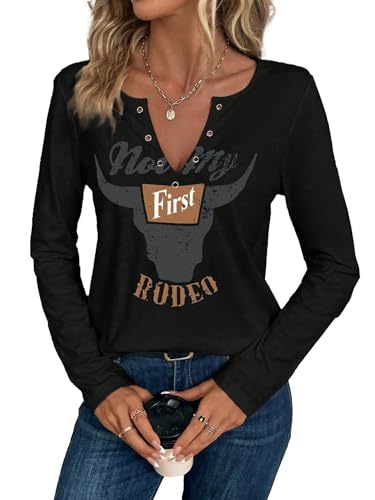 Damen Cowboy-Shirt, Country-Konzert-Outfit, niedliches Western-Grafik-T-Shirt, lässig, gekerbter Ausschnitt, langärmeliges Oberteil, A2, schwarz, langärmelig, Groß von SODSHY