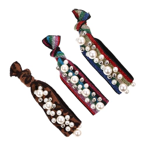 SOESFOUFU 3 Stück Perlen Haargummis Elastische Ponytail Halter mit Leopardmuster und Perlen Dehnbare Haarbänder für Damen Mädchen Modischer Haarschmuck für Dünnes und Dickes Haar Robust und von SOESFOUFU