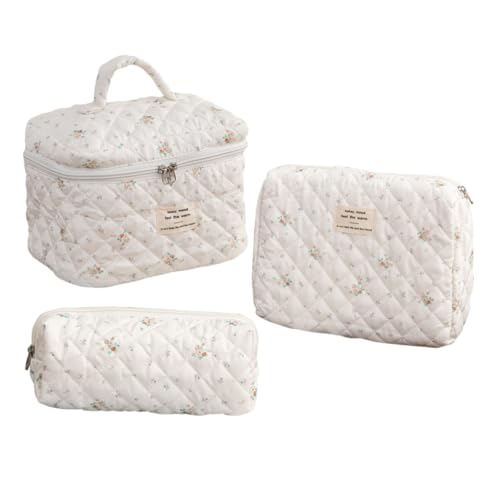 SOESFOUFU 3stücke Teiliges Set Großer Kosmetiktaschen Aus Baumwolle Gesteppt Mit Floralem Design Praktische Und Niedliche Toiletten Organizer Für Damen Für Reisen Und Alltagsgebrauch von SOESFOUFU