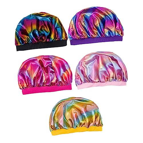 SOESFOUFU Bunte Elastische Schlafhaube Satz 5 Stücke Breite Duschhaube für Damen und Herren Bequeme Polyester Haarhaube für Nachtschlaf und Dusche mit Dehnbarem Gummiband von SOESFOUFU