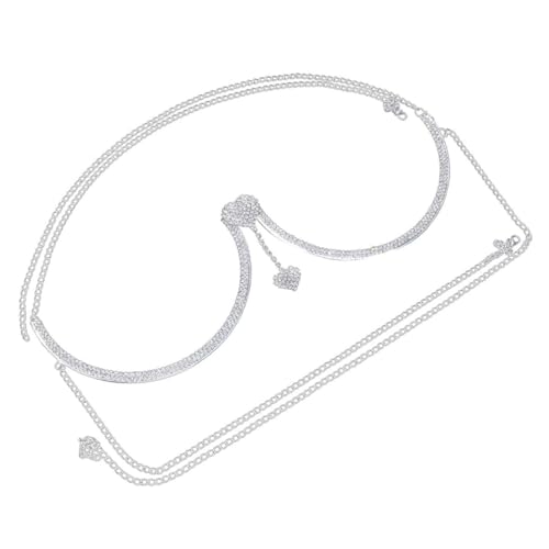 SOESFOUFU Damen Body Chain mit Doppeltem Herz Anhänger und Funkelnden Strasssteinen Verstellbare Brusthalter Schmuckkette für Club Festival und Partys Silberfarbenes Körperschmuck von SOESFOUFU
