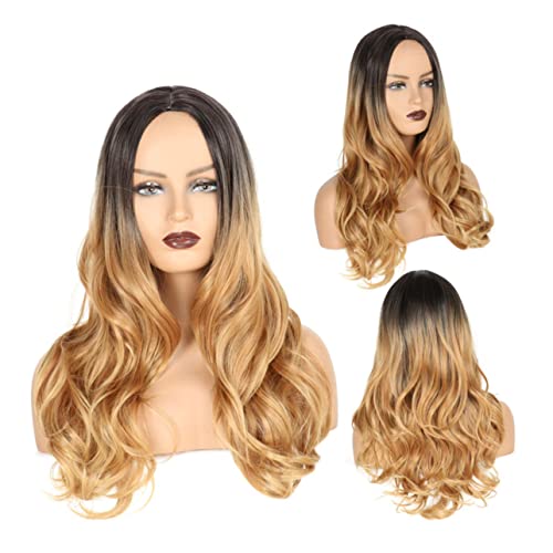 SOESFOUFU Stylische Damen Perücke mit Mittlerem Scheitel Wellige Locken Atmungsaktiv Hautfreundlich Natürlicher Look Farbverlauf Schwarz zu Hellgold Echtes Haargefühl Vielseitig Tragbar von SOESFOUFU