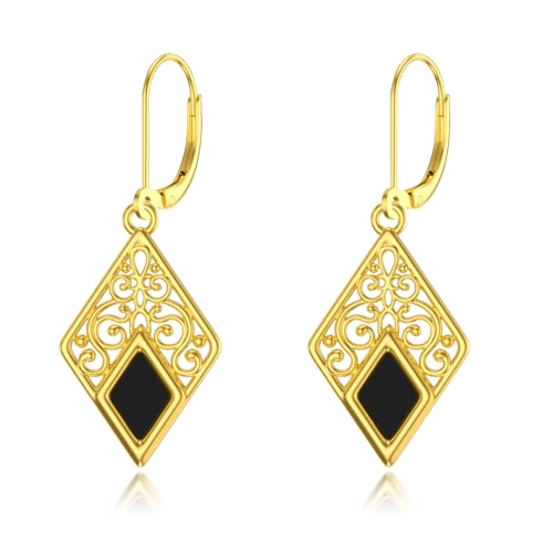 925 Sterling Silber Schwarze Onyx Ohrringe Gelbgold Vergoldet Filigrane Ohrringe Leverback Ohrstecker Schmuck Geburtstag Weihnachten Geschenke für Damen von SOESON