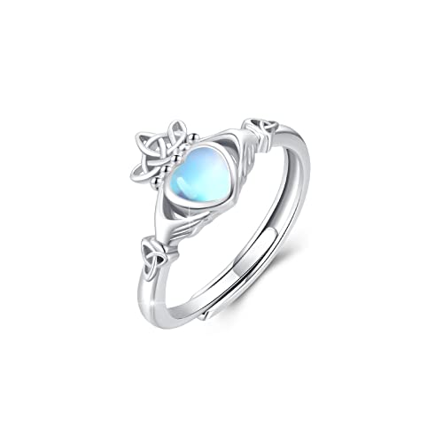 Claddagh Ring Damen 925 Sterling Silber Mondstein Irischer Ring Claddagh Herz Ringe Verstellbar Offener Ringe Geschenk Schmuck für Damen （8#） von SOESON