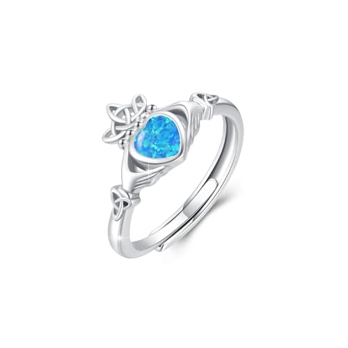 Claddagh Ring Damen 925 Sterling Silber Opal Irischer Ring Claddagh Herz Ringe Verstellbar Offener Ringe Geschenk Schmuck für Damen （8#） von SOESON