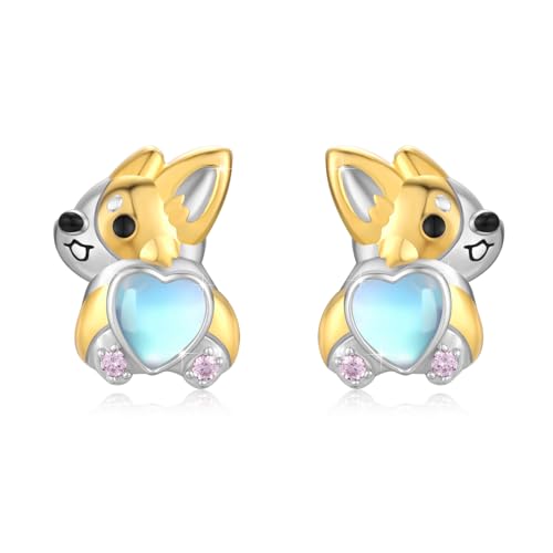 Corgi Ohrringe 925 Sterling Silber Mondstein Ohrstecker Tier Ohrstecker Schmuck Hypoallergen Ohrringe für Mädchen Damen von SOESON