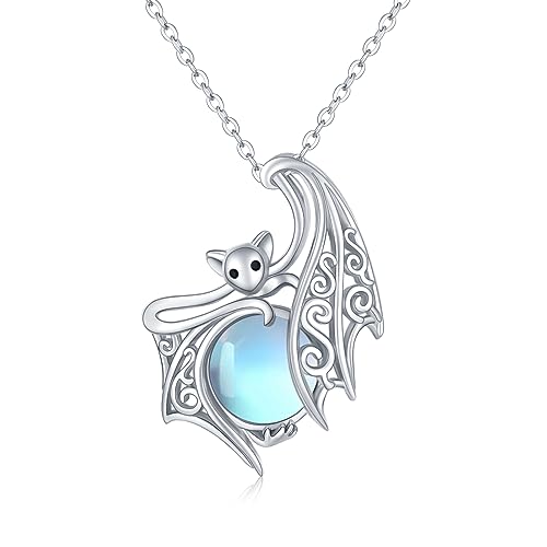 Fledermaus Kette S925 Sterling Silber Mondstein Halskette Gothic Fledermaus Anhänger Halloween Anhänger Geschenk Weihnachten Schmuck für Damen（18 Zoll+2 Zoll） von SOESON