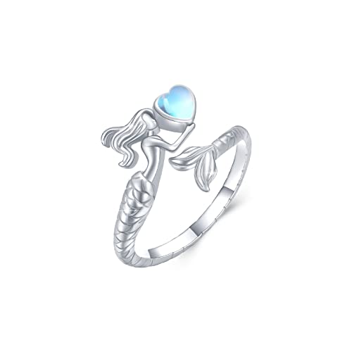 Mondstein Ring Keltischer Knoten/Meerjungfrau/Snake Ring 925 Sterling Silber Herz Mondstein Ring Verstellbare Ringe Damen Schmuck Geschenk für Frauen Mädchen (Meerjungfrau) von SOESON