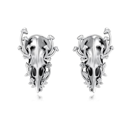 Raben Schädel Ohrringe 925 Sterling Silber Pilz Raven Ohrstecker Punk Wikinger Vogelschädel Ohrringe Halloween Schmuck für Herren Männer Damen von SOESON
