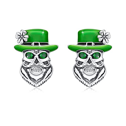 Totenkopf Ohrstecker 925 Sterling Silber Schädel Ohrringe Totenkopf Rose Ohrringe Zirkonia Hypoallergene Schmuck Geschenke Geburtstagsgeschenke Weihnachts für Damen Männer (St.Patrick's Day Ohrringe) von SOESON