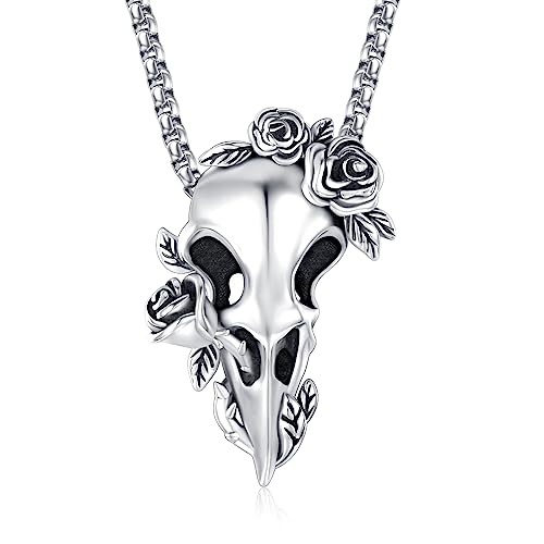 Raben Schädel Halskette 925 Sterling Silber Wikinger Raven Kette Punk Wikinger Vogelschädel Halskette Schmuck für Herren Männer Damen von SOESON