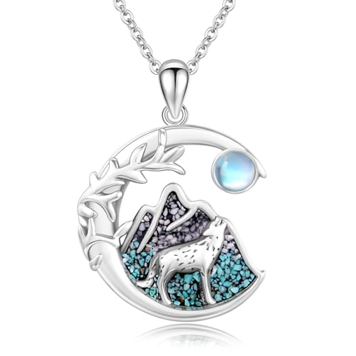 Wolf Kette 925 Sterling Silber Keltische Kette Mondstein Anhänger Wolf Halskette Schmuck Geschenke für Damen (Wolf Berg Kette) von SOESON