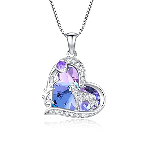 Wolf Kette Sterling Silber Liebesherz Wolf Kristall Halskette Wolf Anhänger Geschenke Weihnachts für Damen Teenager Mädchen（ Kette 18 Zoll + 2 Zoll ） (Lila) von SOESON