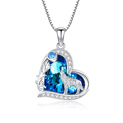 Wolf Kette Sterling Silber Liebesherz Wolf Kristall Halskette Wolf Anhänger Geschenke Weihnachts für Damen Teenager Mädchen（ Kette 18 Zoll + 2 Zoll ） von SOESON