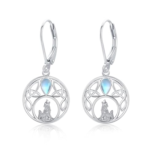 Wolf Ohrringe 925 Sterling Silber Leverback Mondstein Ohrstecker Tier Ohrringe Creolen Wolf Ohrringe Hypoallergene Weihnachten Schmuck Geschenke für Damen von SOESON