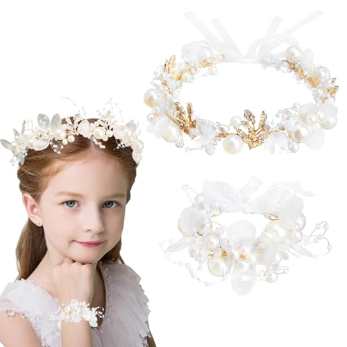 Blumenkranz Haarschmuck Kommunion, Perlen Braut Kopfschmuck mit Armband, Hochzeit Haarkranz Weiß Perle, Blumenmädchen Haarschmuck Blumenkranz Haarrebe für Damen und Mädchen Kinder von SOETDERT