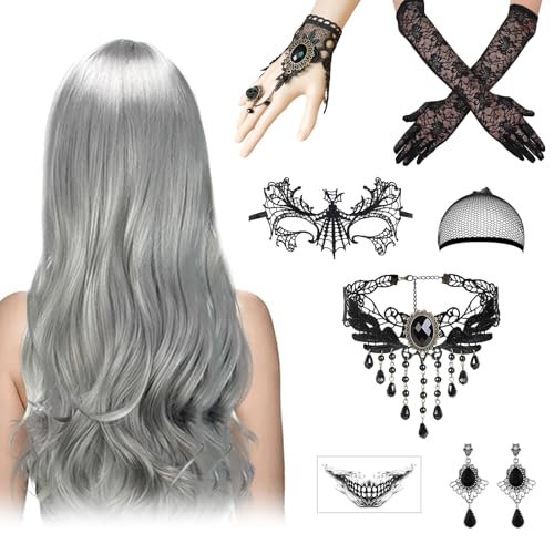 Perücke Halloween Damen, 70cm Grau Lang Wellte Lockig, Graue Perücke Damen Halloween Accessoires mit Gothic Halskette Armbänder, Spitze Maske Handschuhe für Halloween Karneval Cosplay Party von SOETDERT
