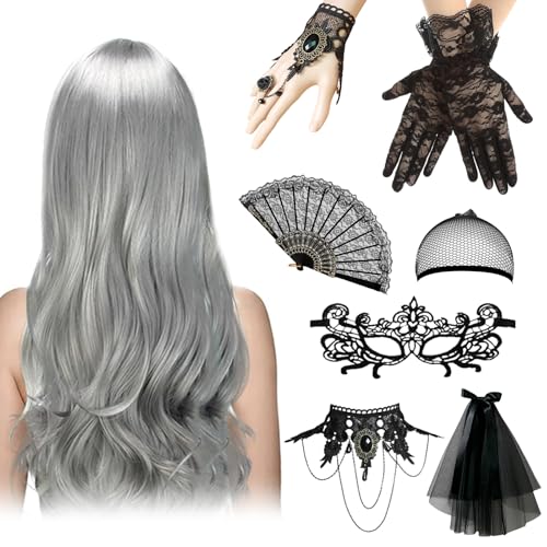 Perücke Halloween Damen, 70cm Grau Lang Wellte Lockig Perücke, Halloween Kostüm Damen, Halloween Accessoires Damen mit Gothic Schmuck Damen für Halloween Karneval,Fasching,Mottoparty von SOETDERT