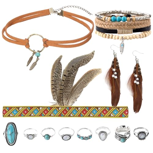 Indian Boho Karneval Accessoires, 12 Stück Indianer Schmuck Indianer Feder Stirnband Ohrringe, Boho Choker Halskette Armband, Türkis Ringe Indianerschmuck Damen, Indianer Kopfschmuck Fasching von SOETDERT