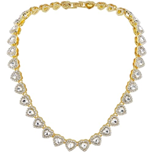 SOFPLATE 1 Box 15.83 Zoll/40.2cm Goldene Tenniskette Mit Strasssteinen Zirkonia Tenniskette Herz Glas Diamantglanz Legierung Iced Out Mehrlagige Dekorative Halskette Für Party Abschlussball Geschenk K von SOFPLATE