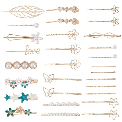 SOFPLATE 1 Box 26 Teiliges Goldenes Haarspangen Set Mit Blumenn Grünen Blättern Perlen Süßen Haarnadeln Aus Metall Mit Frühlingsmotiven Kopfbedeckungszubehör Für Frauen Lange Und Kurze Kopfbedeckungsd von SOFPLATE