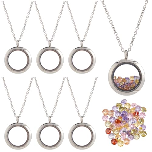 SOFPLATE 1 Box Edelstahl 6 Stück Rund Memory Medaillon Schwimmende Memory Glas Halskette Kette Zirkonia Cabochons Poliert Andenken Living Medaillon Halskette Für Anhänger Frauen Freundschaft Dekoratio von SOFPLATE
