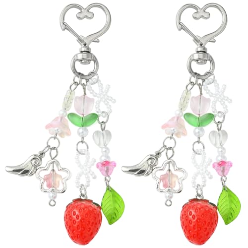 SOFPLATE 2 Stück Erdbeer Taschenanhänger Erdbeer Schlüsselanhänger Bunte GlasBlumenn Blattperlen Herz Drehverschlüsse Süße Anhänger Schlüsselanhänger Charms Für Handtaschen Autotaschen Geldbörsen Ruck von SOFPLATE
