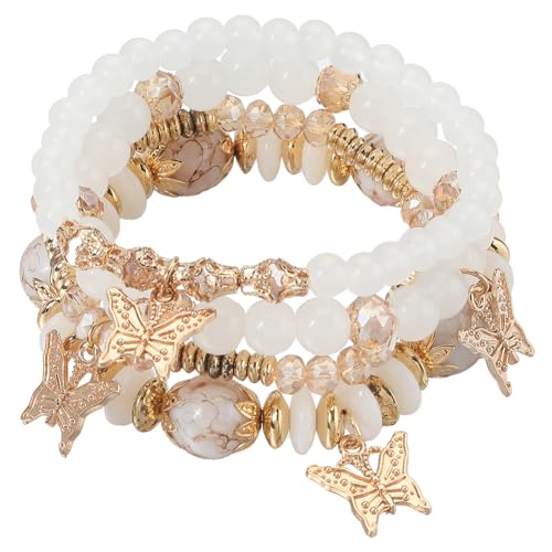 SOFPLATE 4 Stück Böhmische Perlenarmband Sets Mit Schmetterlings Kristallstein Anhänger Stapelbares Stretch Armband Weiße Stapelperlen Boho Armband Bunter Charm Schmuck Für Sommer Strand Partyzubehör von SOFPLATE