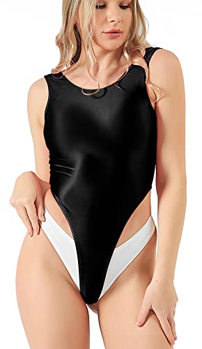 SOFSOT Damen High Cut Tanga Aerobic Leotard Glänzend Einteiler Badeanzug, Schwarz, Medium von SOFSOT