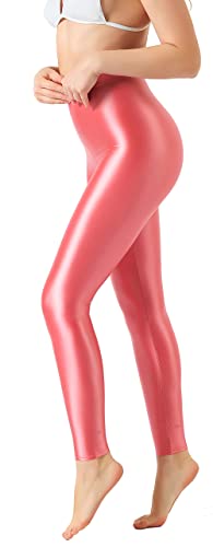 SOFSOT Workout-Leggings in Übergröße, hohe Taille, glänzend, Pilates-Hose, schimmernd, Yoga-Strumpfhose für Damen, Pfirsichrosa (Peach Pink), Groß von SOFSOT